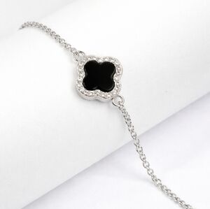Van Clover Insp. Bracelet Black Onyx 925 Sterling Silver CZ Rhodium 17-21cm